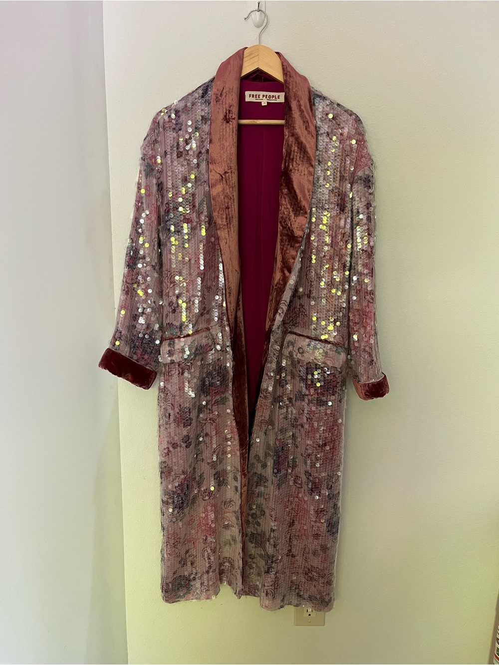Free People Blush Pink Sequin Velvet Long Robe